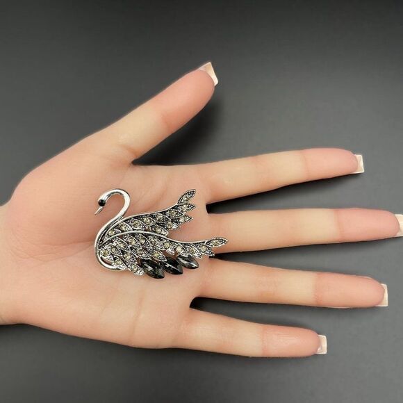 Silver with Champagne Topaz and Gray Crystal Graceful Swan Pin Back Brooch - Picture 7 of 7